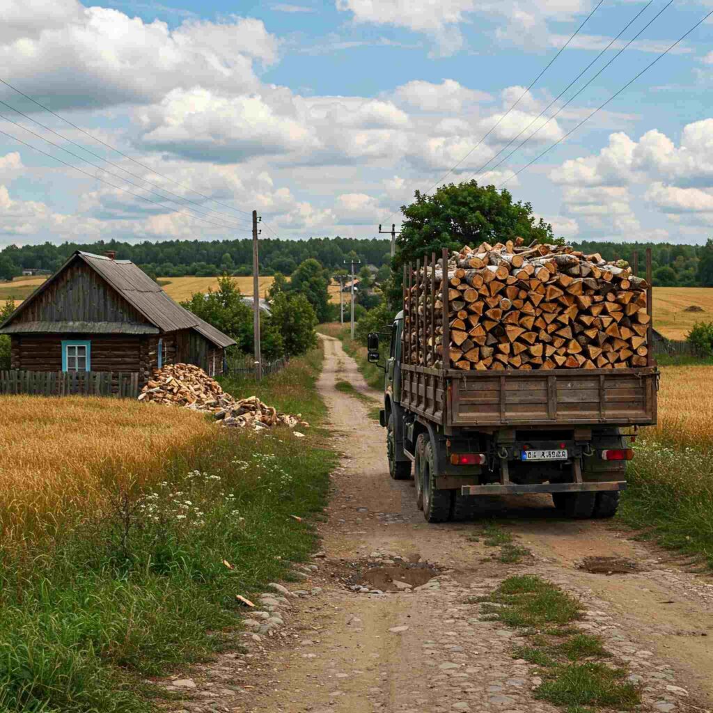 Доставка дров у смт Рокитне — вантажівка з деревиною біля будинку